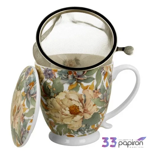 Bögre porcelán 510ml talpas, teaszűrővel PEONY WHITE Díszdobozban