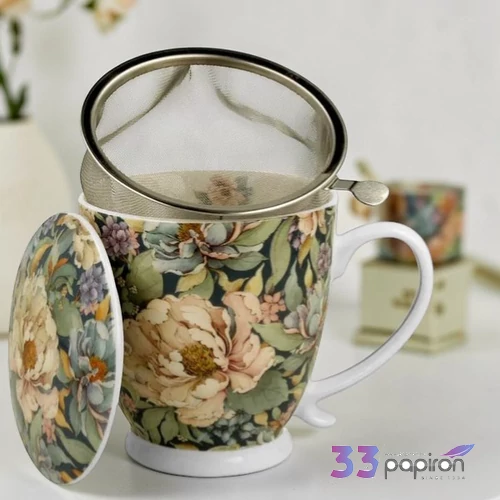 Bögre porcelán 510ml talpas, teaszűrővel PEONY WHITE Díszdobozban