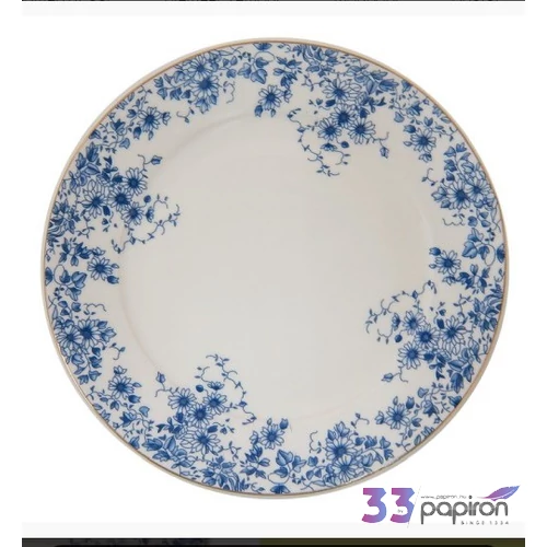 Tányér lapos porcelán 26cm, White Blue Flowers lapostányér kézzel festett