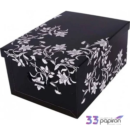 Tárolódoboz Maxi 52x40x25 cm fekete/fehér virágos