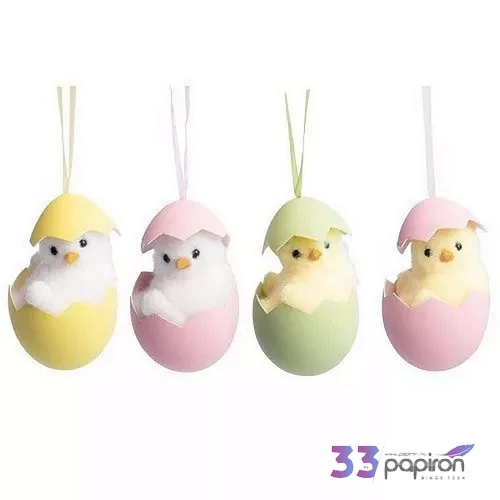 Tavaszi dekor csibe tojásban59 akasztóval 8cm 4féle 067781