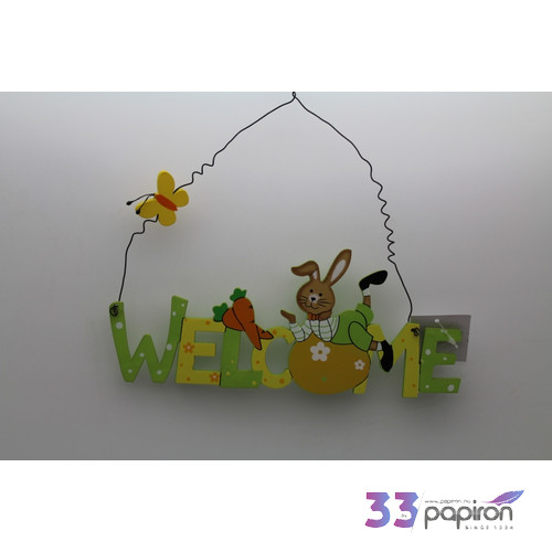 Tavaszi dekor kopogtató nyúl dekoros Welcome felirat 23x23cm Húsvéti ajtó dekoráció