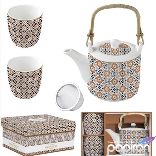 Teáskanna+2pohár porcelán 6dl fémszürővel, 160ml, Atmosphere, Geoe dobozban,