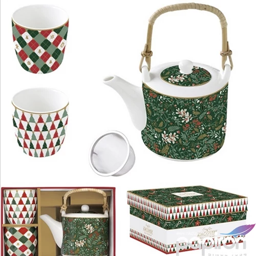 Teáskanna+2pohár porcelán 6dl fémszűrővel, 160ml, Fancy Christmas, dobozban,