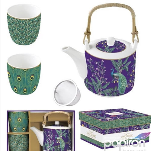 Teáskanna+2pohár porcelán 6dl fémszűrővel, 160ml, Imperial Peacock dobozban,