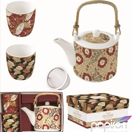 Teáskanna+2pohár porcelán 6dl fémszűrővel, 160ml, Kimono, Atmosphe dobozban,