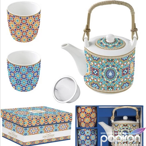 Teáskanna+2pohár porcelán 6dl fémszűrővel, 160ml, Marrakech, Atmos dobozban,