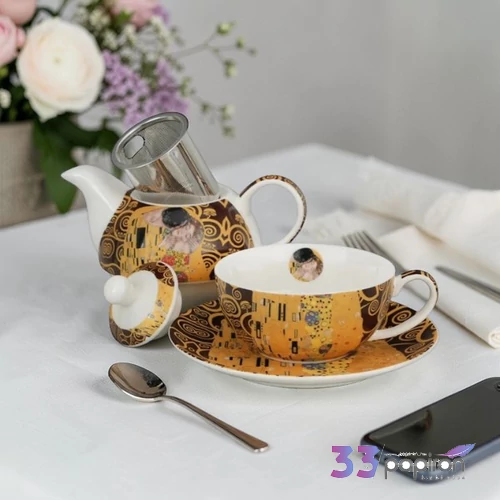 Teáskanna csészével porcelán THE KISS BROWN inspired by Klimt Díszdobozban