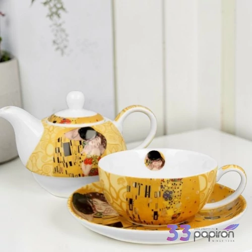 Teáskanna csészével teafőzővel THE KISS ECRU inspired by Kl Díszdobozban