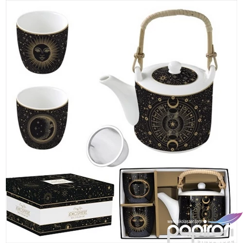 Teáskanna+2pohár Porcelán 6dl fémszürővel, 160ml Atmosphere, Celes dobozban