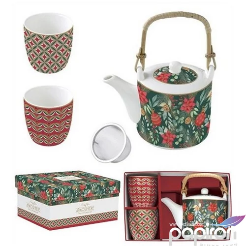 Teáskanna+2pohár Porcelán 6dl fémszürővel, 160ml Atmosphere, Chris dobozban
