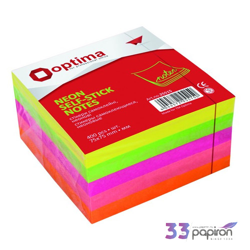 Tépőtömb 75x75mm Optima 400lapos neon szín, ragasztott Papiron jegyzettömb