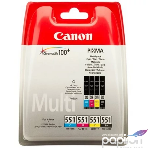 Tintapatron Canon CLI-551KIT multipack, b+c+m+y, 4x7ml Pixma iP7250, MG5450 géphez