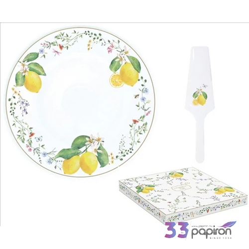 Tortatál porcelán 32cm, Fleurs et Citrons - citrom dobozban