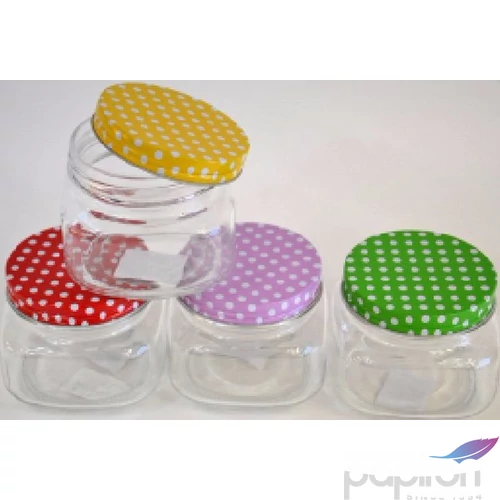 Üveg befőttes 10x10x9,5cm színes pöttyös tetővel 357735