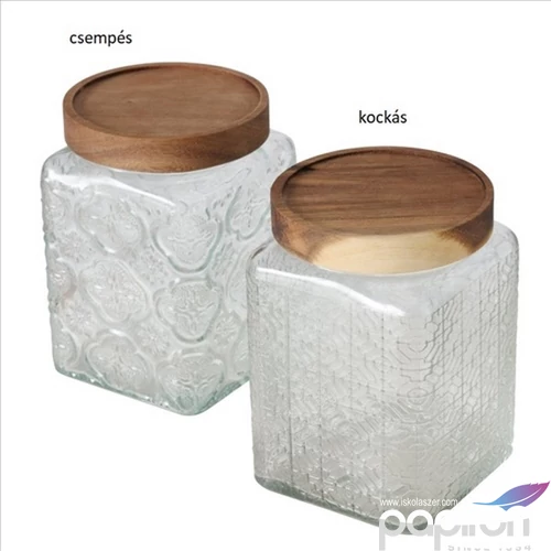 Üveg konyhai tároló Dombormintás akácfa tetővel 10x10x14,5cm
