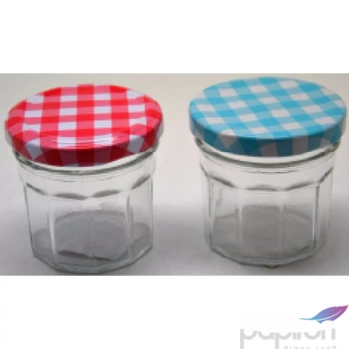Üveg mini befőttes 6,5x6,5cm színes pöttyös tetővel, 80ml szögletes 357732