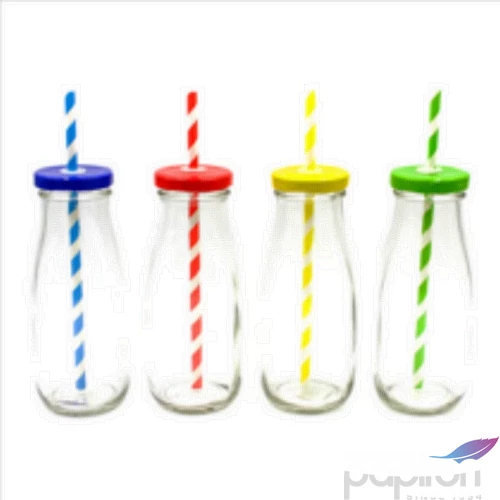 Üveg szívószállal 300ml 15,5x6cm, 4 színben