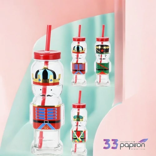 Üvegpohár 300ml Diótörő mintás szívószállal 3féle kpm25