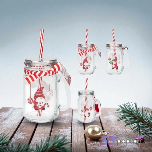 Üvegpohár 450ML Hóember mintás szívószállal 3féle kpm25