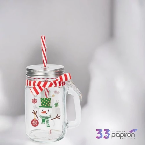 Üvegpohár 450ML karácsony mintás szívószállal 3féle kpm25