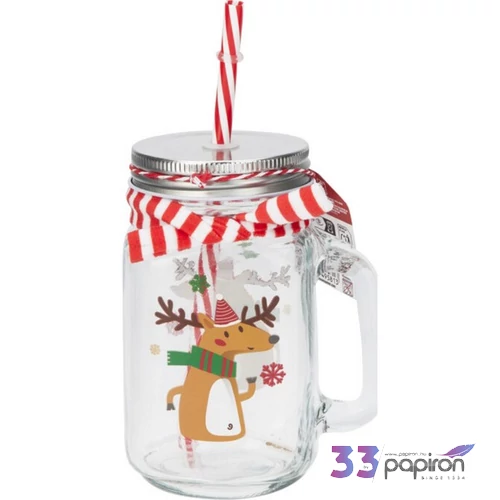 Üvegpohár 450ML karácsony mintás szívószállal 3féle kpm25