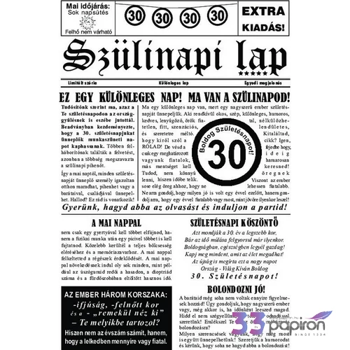 Születésnapi újság 30 Mérete: 16 cm x 23 cm