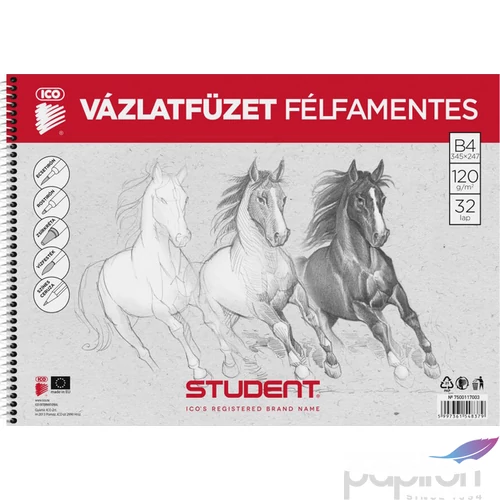 Vázlatfüzet B4 ICO Student 32lap, 120g/m2 félfamentes skiccfüzet ICO Student iskolaszezonos tanszerek