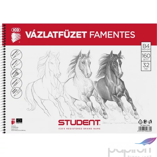 Vázlatfüzet B4 ICO Student 32lap, 160g/m2 famentes skiccfüzet ICO Student iskolaszezonos tanszerek