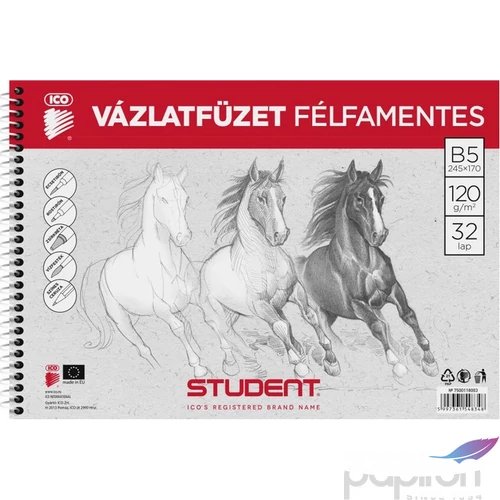 Vázlatfüzet B5 ICO Student 32lap, 120g/m2 félfamentes skiccfüzet ICO Student iskolaszezonos tanszerek