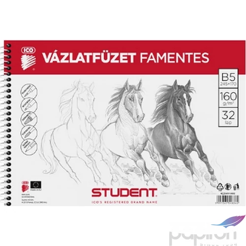 Vázlatfüzet B5 ICO Student 32lap, 160g/m2 famentes skiccfüzet ICO Student iskolaszezonos tanszerek